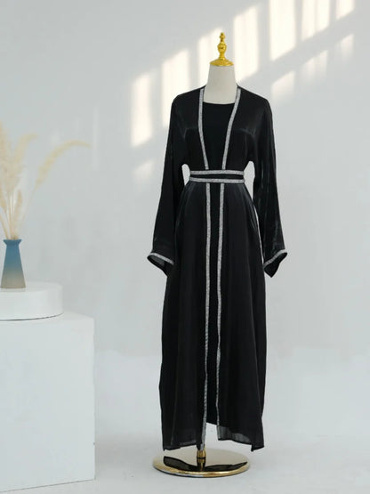 Muslim Abaya for Women Eid Dress 2 Piece Set Diamond Morocco Ramadan Lace-up Abayas Kaftan Islam Cardigan Dubai Arab Long Robe