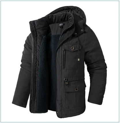 Men's Jacket WINTER USA SIZE Large SIZE Lamb Fleece JACKETS Hooded Cotton Thickened Multi Pocket Casual Mid length Coat