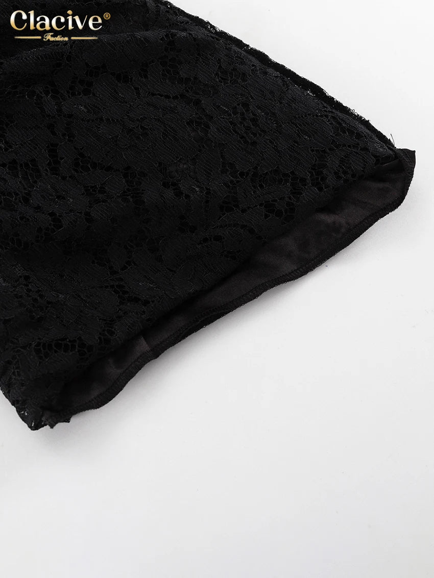 Clacive Sexy Loose Black Lace See Through Trousers Sets Women 2 Pieces Fashion Long Sleeve Shirt With High Waist Wide Pants Set