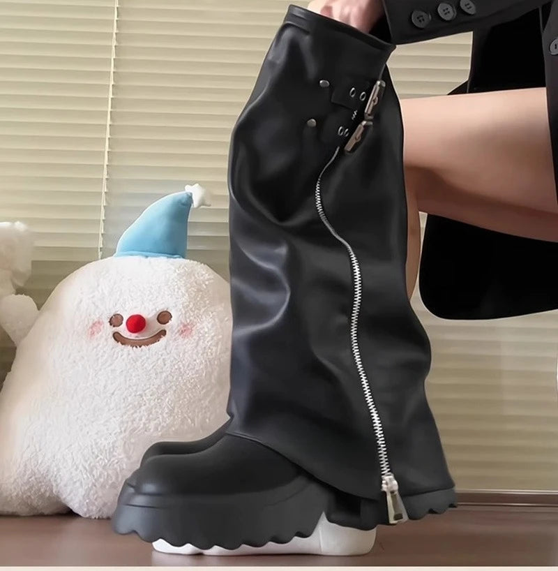 Punk Style Splicing Thick Bottom Women Knee-High Boots Fashion Zipper Female Pleated Knight Long Booties Shoes.