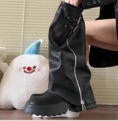 Punk Style Splicing Thick Bottom Women Knee-High Boots Fashion Zipper Female Pleated Knight Long Booties Shoes.