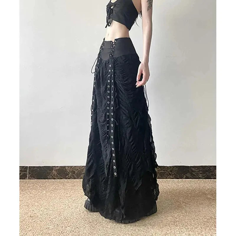 MEXZT Y2K Lace Mesh Long Skirt Women Harajuku Vintage Patchwork Bandage Black Skirts Gothic Aesthetic High Waist Chic Faldas New.