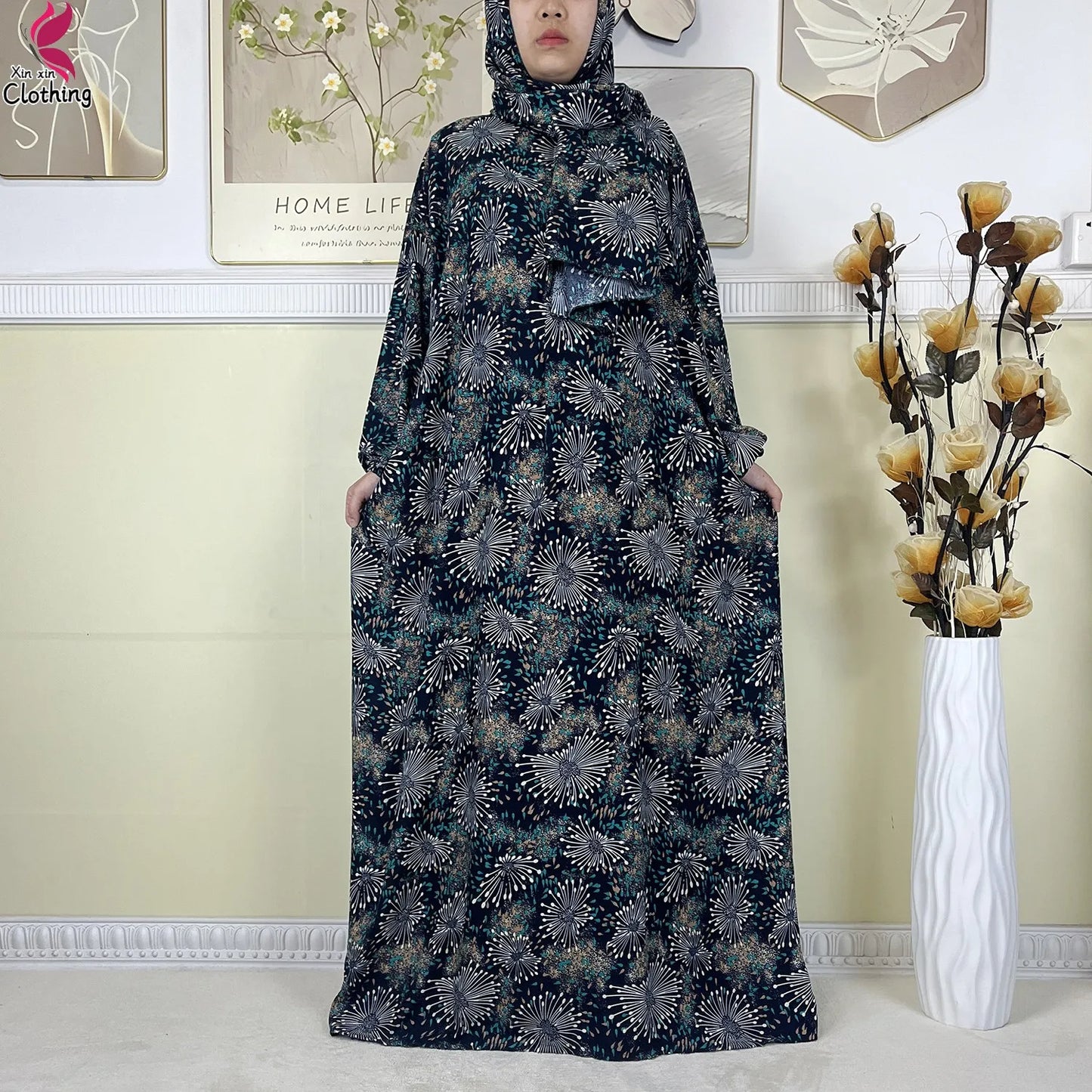 2025 New Muslim Abayas For Women Ramadan Prayer Garment Dubai Middle East Femme Robe Cotton Loose African Dress Turban Attached