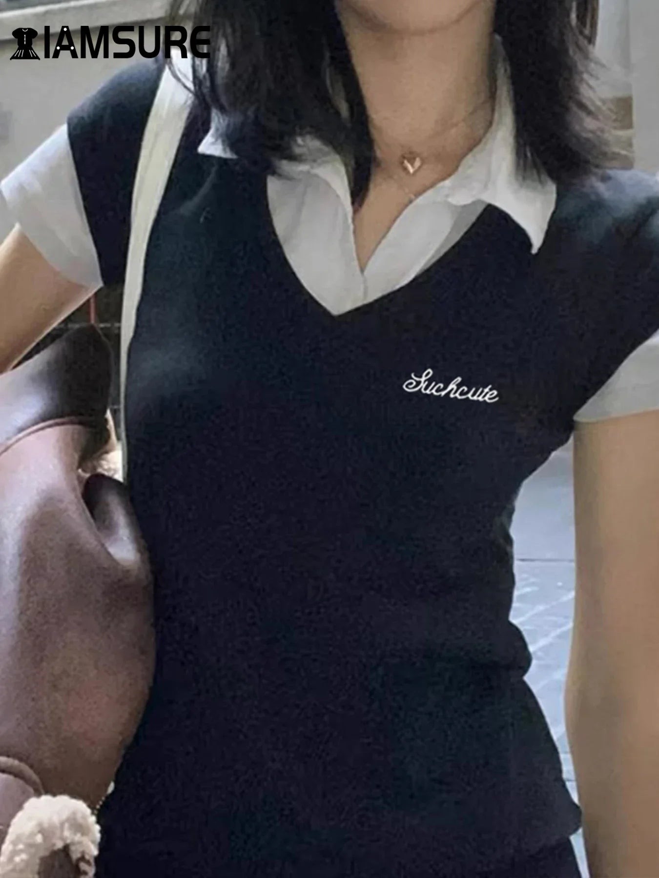 Women's Short Sleeve T-Shirt, Slim, Turn-Down Collar, Preppy Style, Patchwork, Casual, Summer Fashion, Fake 2 Piece, 2024