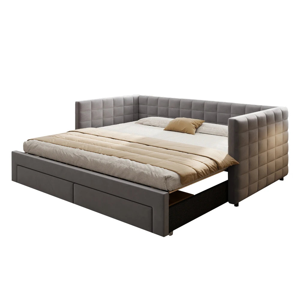 3-in-1 ausziehbares Schlafsofa 90 x 190 cm, Multifunktionsbett mit Schubladen, Einzel-/Doppelbett, Baumwolle und Leinen (Matratze nicht im Lieferumfang enthalten)