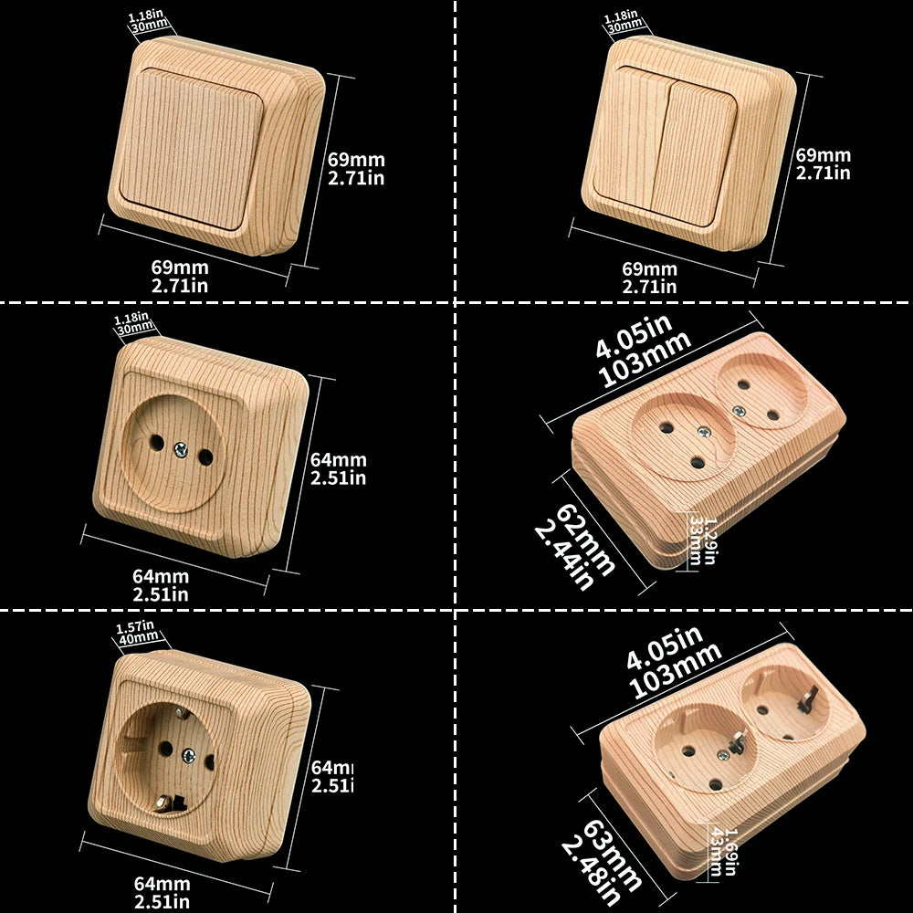 Holzfarbe, Wandoberfläche, 2-Steckdosen, Stecker, EU-Außensteckdosen mit Erdung, Steckdose für den Außenbereich, flammhemmender Kunststoff.