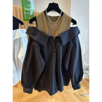 New Off The Shoulder Blouses Women Slim and Loose Tank Top Spliced Long Sleeve Shirts Autumn Round Neck Fashion Shirts Women Top.