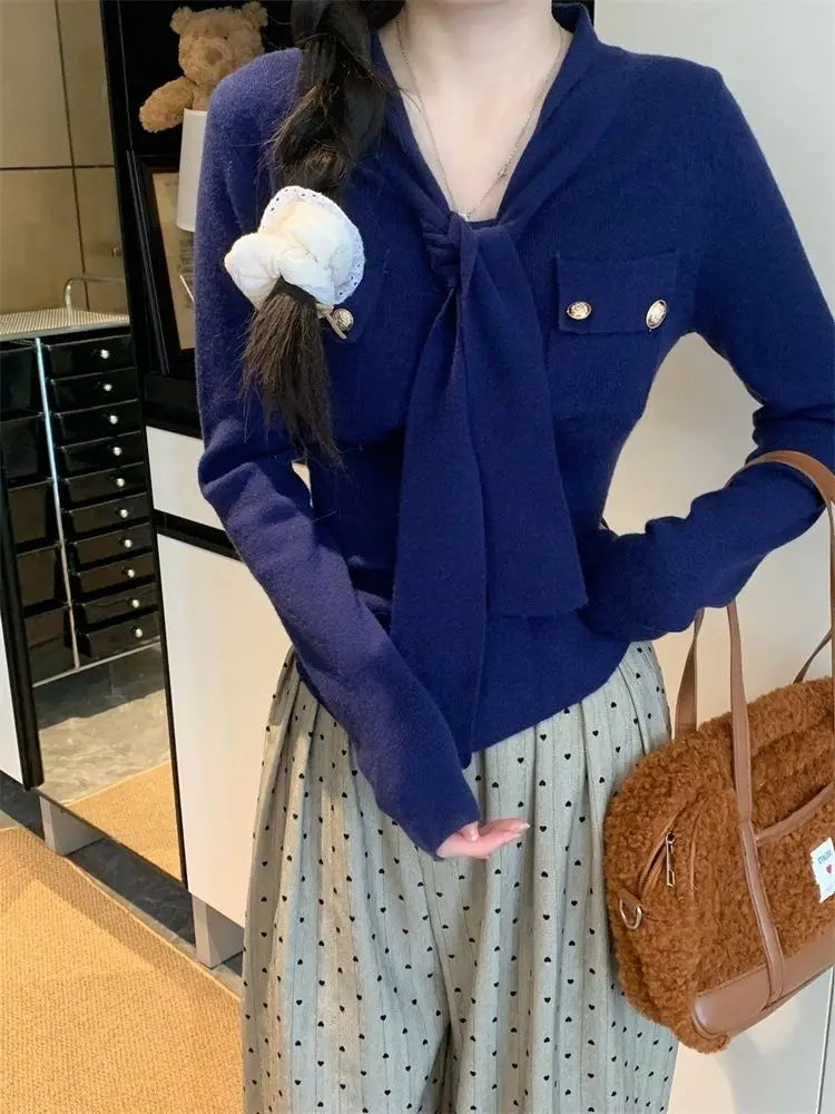 Frauen Frühling Herbst Einfachheit Büro Dame V-ausschnitt Einfarbig Langarm Strickwaren Damen Mode Alle-spiel Temperament Tops.