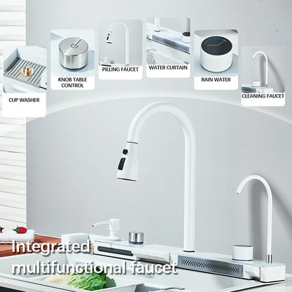 Multifunktionaler digitaler fliegender Regenhahn, weiß, doppelter Wasserfall, Edelstahl-Waschbecken, Küchenspüle, geprägt, großer Einzelschlitz