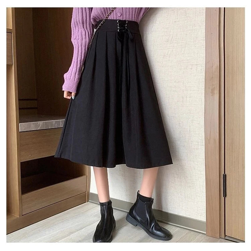 Preppy Style Vintage Long Skirts Women High Waist Sweet Loose A Line Skirt Lace Up Retro Fall Winter Female Elegant Long Skirts.