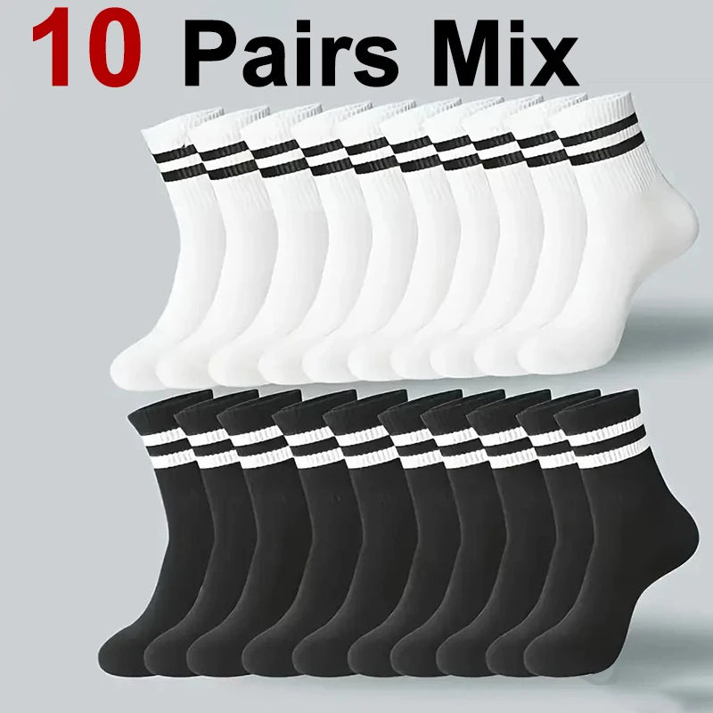 6/10/20 Pairs Men Women Striped Round Neck Socks Spring Autumn Breathable Odor Proof Sweat Absorbing All-Season Casual Socks.