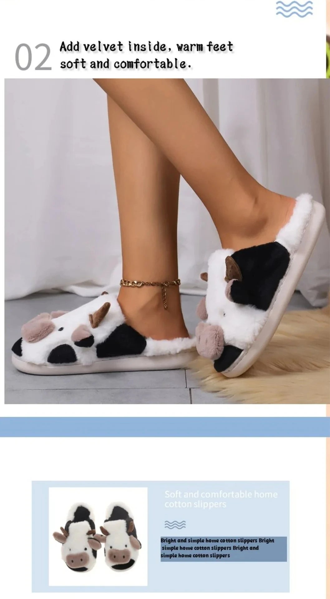 Shevalues Plush Cartoon Milk Cow Slippers Winter Women Slippers Furry Non-Slips Women Cotton Slides Couples Soft Cozy Flat Shoes.