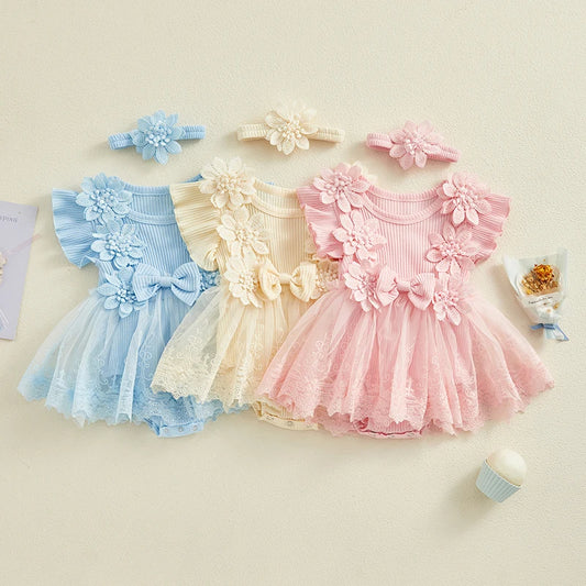 Visgogo Neugeborenen Baby Stram pler Kleid 2 Stück Outfits Mesh Spitze Patchwork Rüschen Bodysuit und Stirnband süße Sommerkleid ung.