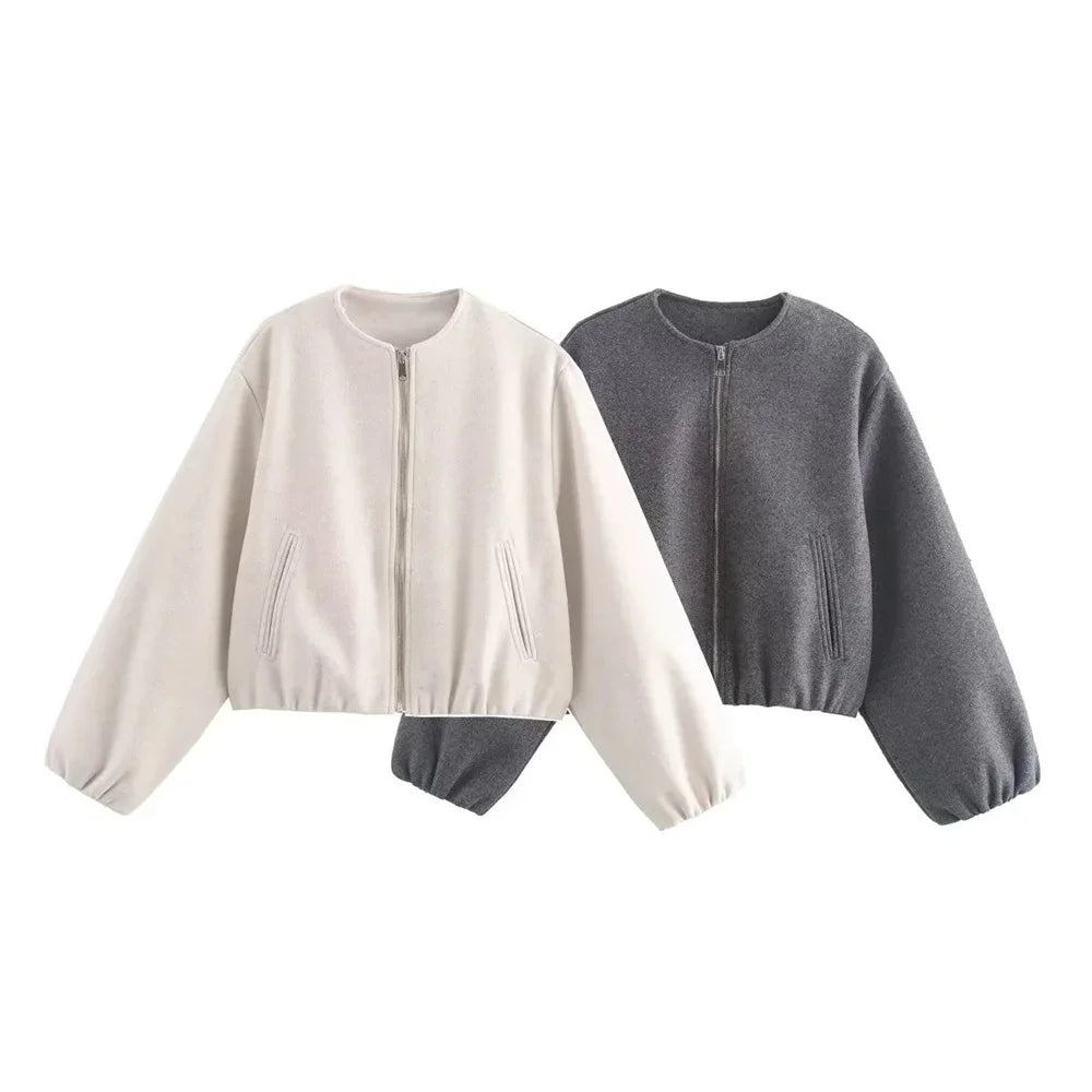 Damen Mode Herbst Winter Jacke Frauen Retro Rundhals Langarm Elastische Saum Zipper Weiche Bomber Jacke Frauen Mantel Weibliche.