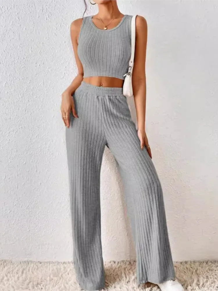 New Spring Solid Color Fashion Casual Knitted Cotton Waist Sleeveless Tank Top High Waist Pants Set For Women's Clothing.