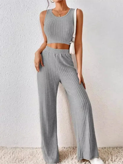 New Spring Solid Color Fashion Casual Knitted Cotton Waist Sleeveless Tank Top High Waist Pants Set For Women's Clothing.