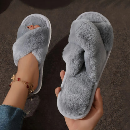 Fashion Cross Strap Fur Slippers Women Indoor Light Warm Plush Home Slippers Woman Faux Fur Flat Heel Couple Slides Plus Size 43.