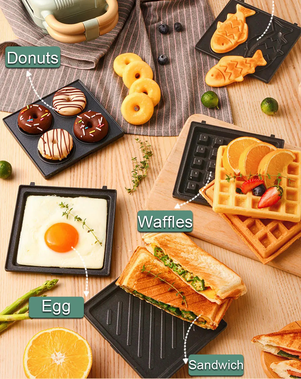 Mini Sandwich Machine Breakfast Maker Multi Cookers Toasters Electric Ovens Hot Plates Bread Pancake Waffle Donuts.