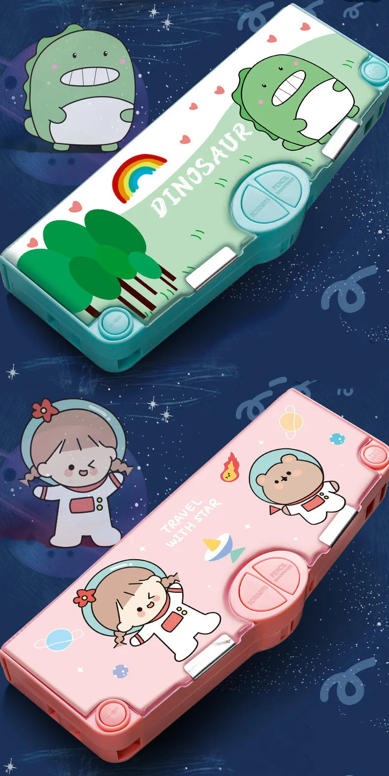 Mechanisches, verformbares, niedliches Federmäppchen mit Stifteinsatz, multifunktionaler Schlüsselschalter, Cartoon-Aufbewahrungsbox für Schule und Schreibwaren aus Kunststoff.