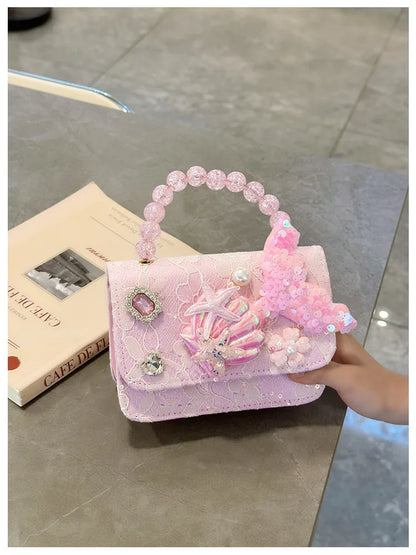 Lovely Sequin Girls Square Shoulder Bag Fish Tail Starfish Princess Crossbody Bags Bead Handle Children's Small Handbags Purse.