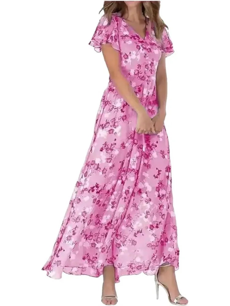 Frauen Elegante Blume Langes Kleid Casual Rüschen Kurzarm V-ausschnitt Spitze-up Party Kleider 2025, Boho Stil Hohe taille Kleid Weibliche.