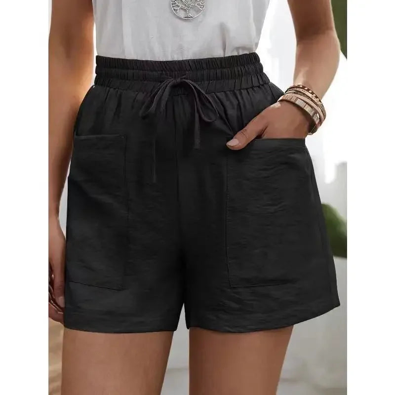 Women's High-waisted Loose-fit Solid Color Casual Shorts Pocket Bell Bottoms.