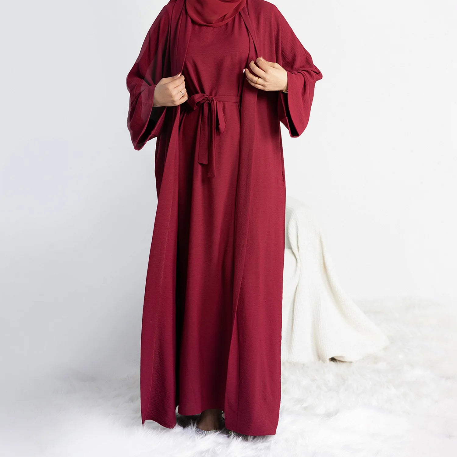 2 Piece Open Abaya for Women Long Hijab Dress Ramadan Eid Crepe Islamic Clothing Dubai Turkey Party Kaftan Outfit Muslim Set.