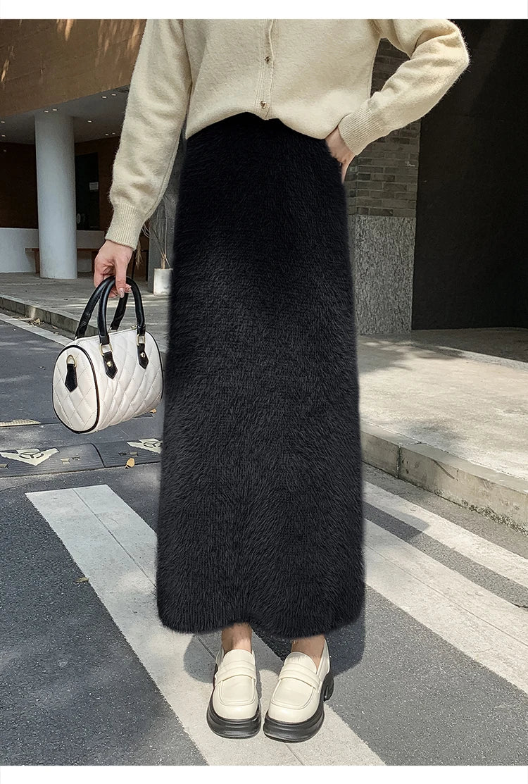 Autumn Winter New Knit Long Skirt Women Casual Thick Korean High Waist Soft A-Line Skirt