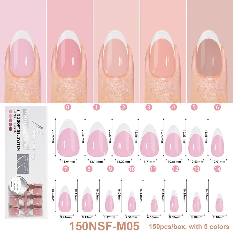 150Pcs/Box Acrylic Press on Nails Full Cover Fake False Tips Soft Gel Extension T-shaped Oval Capsule Almond Sculpted Salon DIY