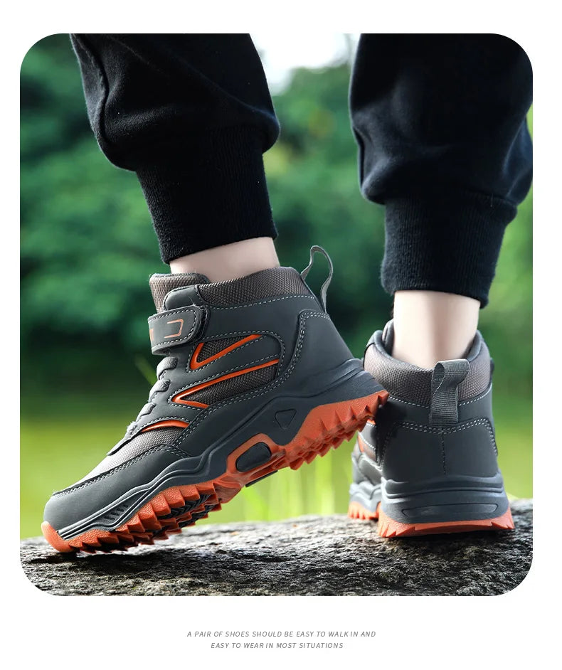 New Boys' Sports Shoes Non-slip School Children's Leather Breathable Running Black Fashion Hiking Shoes Sneaker Size 29-40