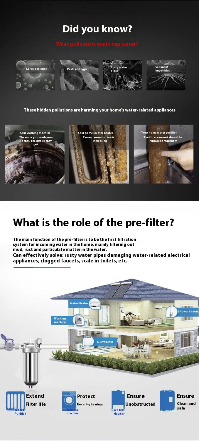 Pre filter household well water whole house household water purifier 304 stainless steel high flow backwashing water filter.