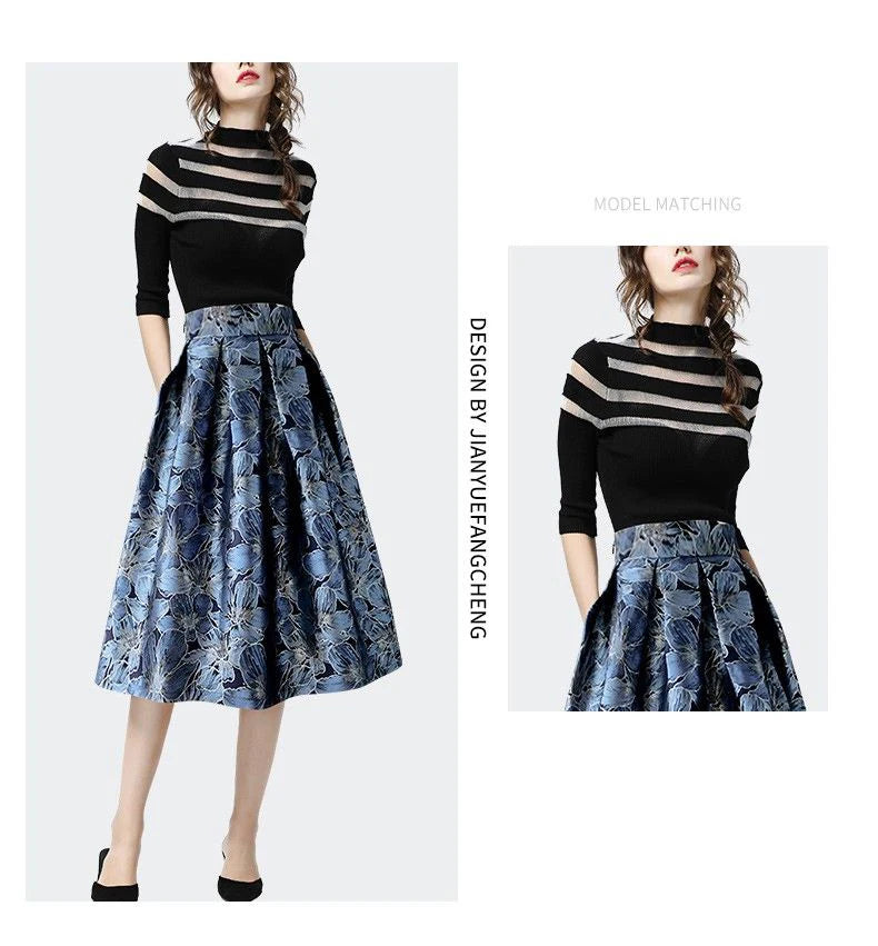 Blue Floral Print Vintage High Waist Ball Gown A-line Loose Women's Skirt Knee-Length Long Skirts For Women Clothing Fashion.