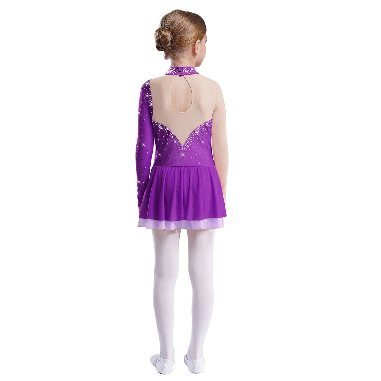 Kinder Mädchen Eiskunstlauf Kleid Lyrical Ballett Tanz Rhythmische Gymnastik Leistung Kostüm Langarm Strass Trikot.