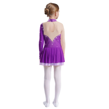 Kinder Mädchen Eiskunstlauf Kleid Lyrical Ballett Tanz Rhythmische Gymnastik Leistung Kostüm Langarm Strass Trikot.