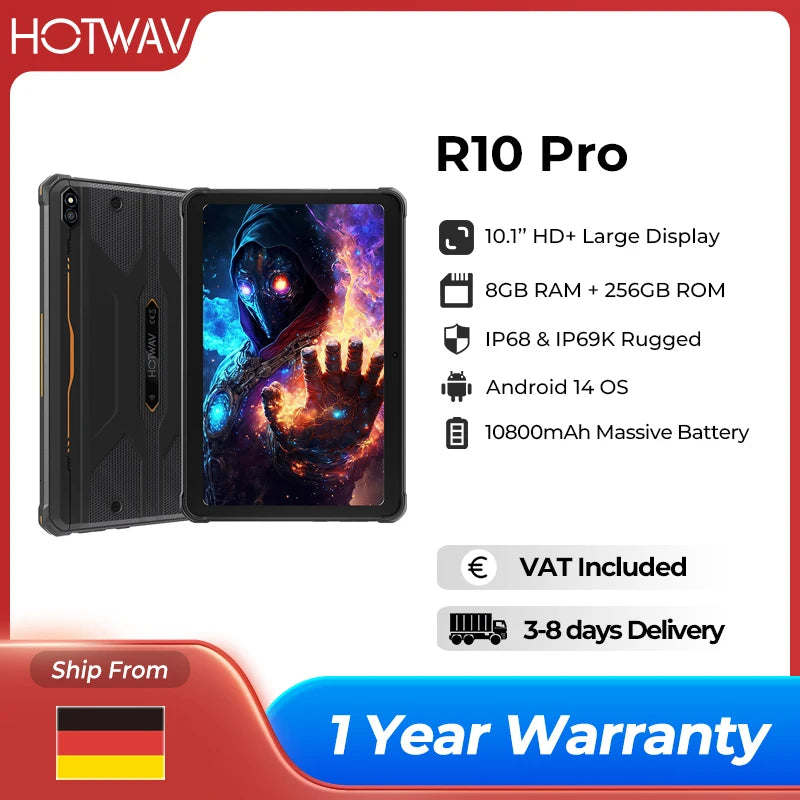 HOTWAV R10 Pro Rugged Tablet Android 14 10.1'' HD+ 13MP Camera Pad 10800mAh Battery 8GB 256GB 8-core OTG Charging Tablet PC.