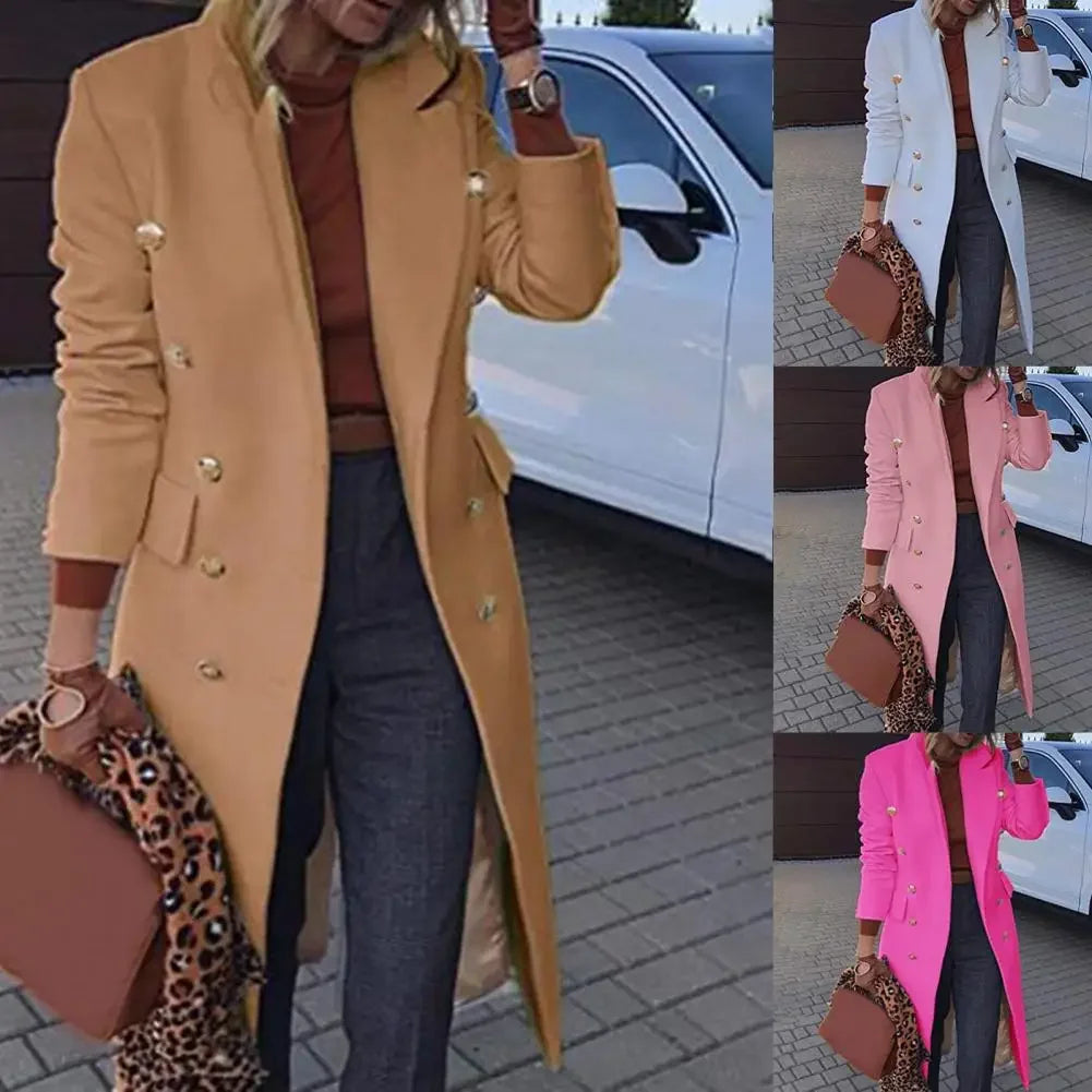 2025 Herbst Zweireiher Revers Lange Wollmäntel Elegante Slim Fit Taschen Lange Ärmel Mantel Damen Straße Oberbekleidung.