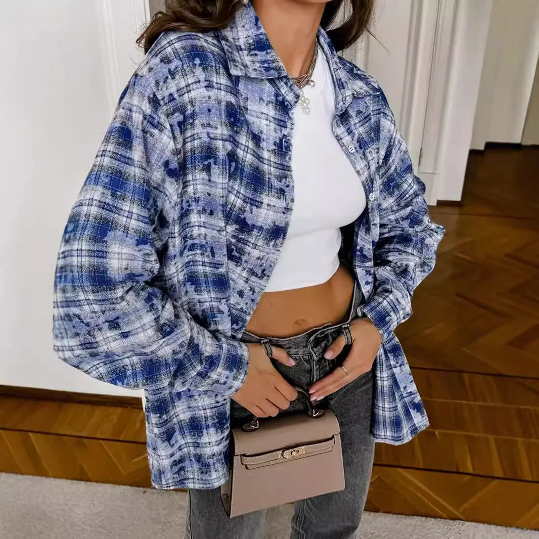 Women's Plaid Shirt Long Sleeve Retro Fashionable Loose Spring Autumn Design Top Street Casual Button Cardigan Blouses for Femal.