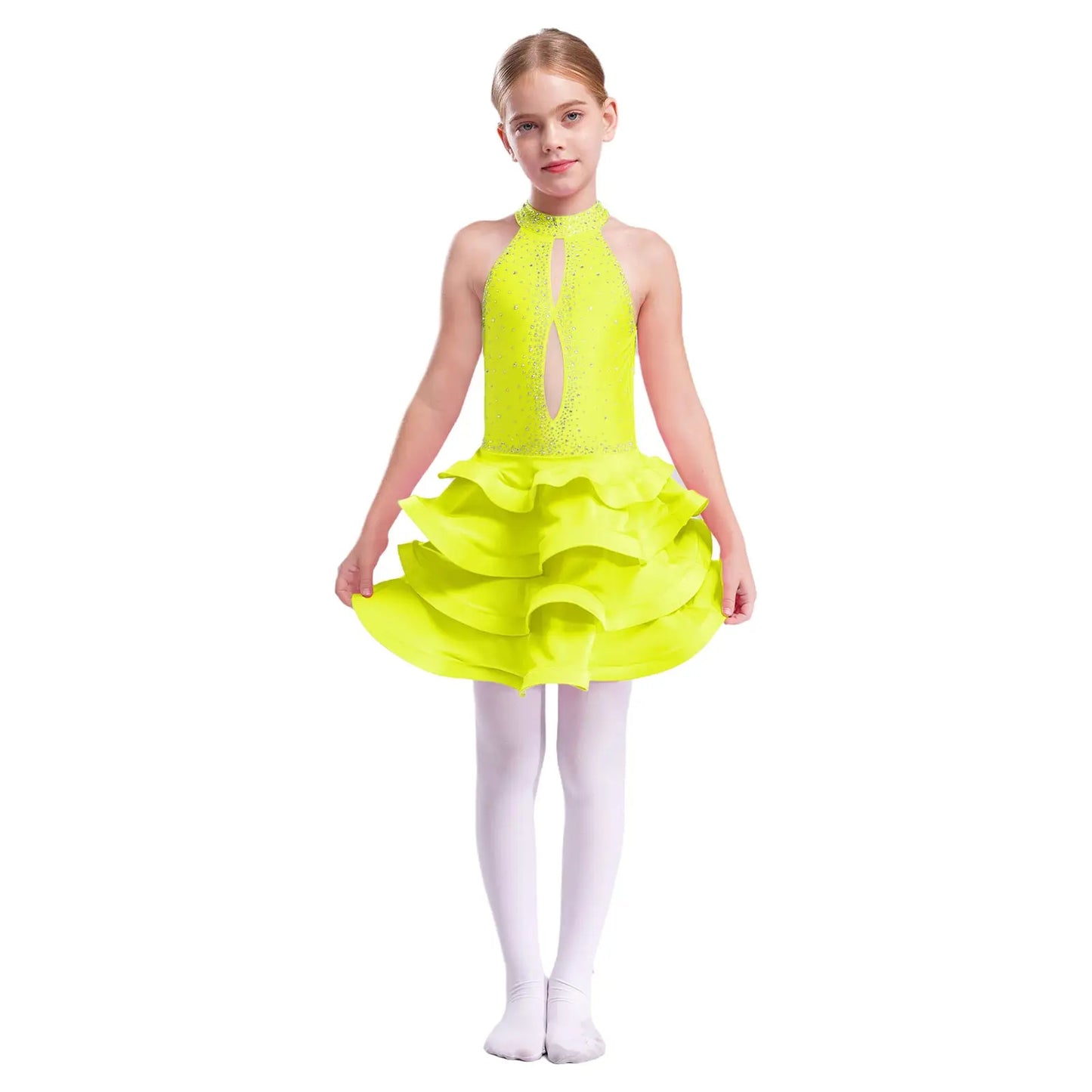 Eiskunstlauf-Kostüm für Teenager-Mädchen, lateinamerikanischer Tanz, Cha-Cha, Tango, Performance-Tanzbekleidung, ärmelloses, gestuftes Kleid mit Strasssteinen