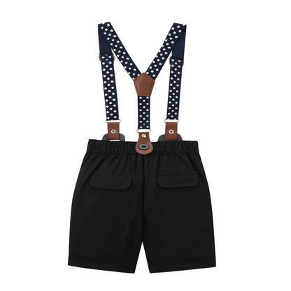 Black & White Classic Baby Boy Clothes Strap Set for Infant 1st Birthday Party Summer Short Sleeve Romper with Solid Shorts Suit.