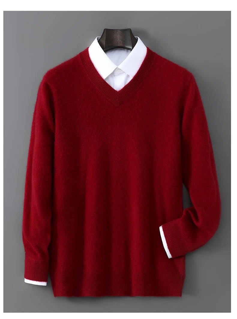 2025 Autumn Winter New Men's Wool Sweater Solid Color V-Neck Pullover Sweater Casual Loose Business Knit Plus Size Base Sweaters