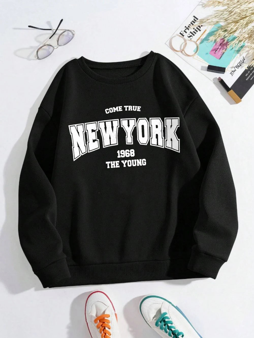 New York 1968 Women Sweatshirt Black Letter Print Sporty Hoodie Winter Casual Fleece Pullover Crewneck Red Hoody Street Clothing.