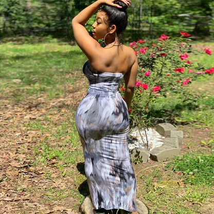 Sommer Lange Kleider Für Frauen Bodycon Brust Wrap Print Off Schulter Verband Schlank Sexy Kleid 2024 Neue Mode Party Vestidos