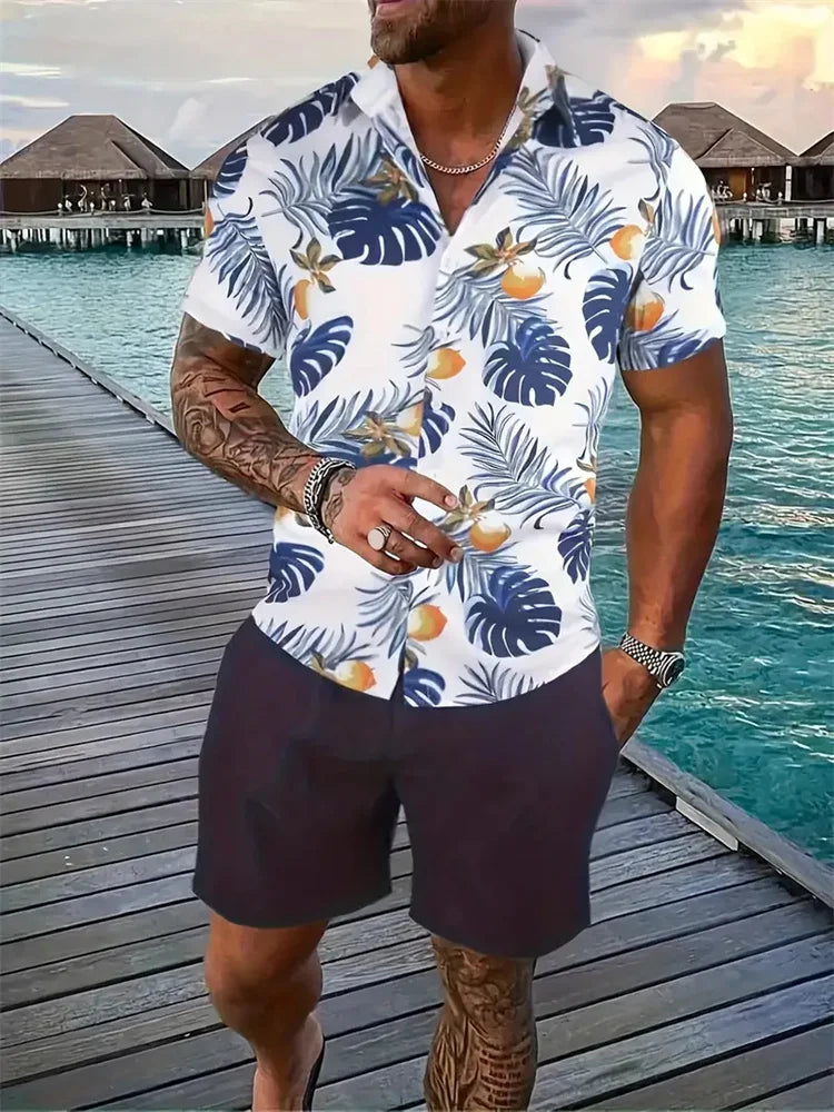 Men's Hawaii Shirt Set Men's 3D Printed Short Sleeve Shirt Shorts Two Piece Summer Beach Lapel Shirt Set Unisex Casual Clothing.