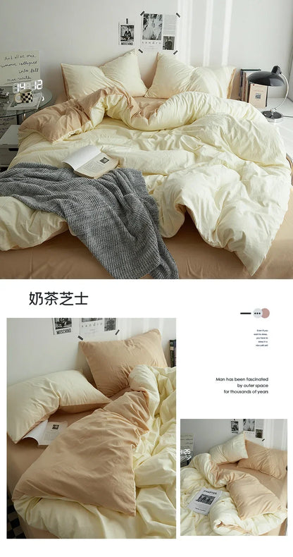 High Quality Solid Color Double Washed Cotton Bedding 4 Pieces Set Student Dormitory Bed Linen Duvet Set Bed Suit.