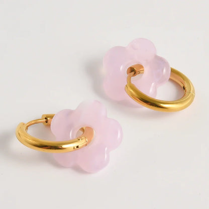 Colorful Flower Glass Drop Charms Earring Gold Color Circle Ear Buckle Hoops Stainless Steel Earrings Fashion Jewelry for Women