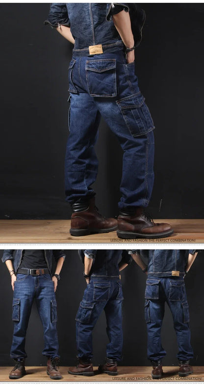 Men's Autumn/Winter Multi-Pocket Straight-Leg Cargo Pants Loose Fit Plus Size Plus Beefy Jeans Casual Comfortable Denim Trousers.