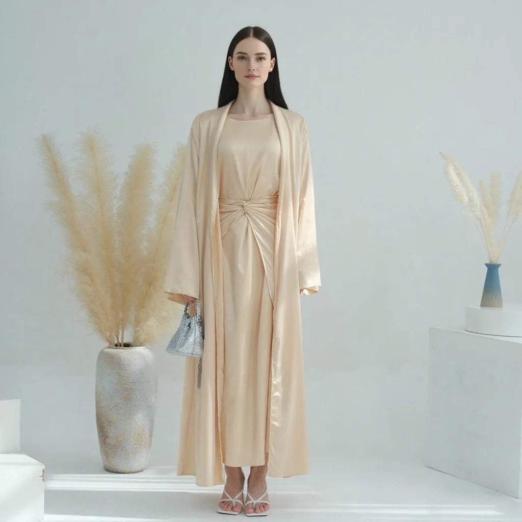 Middle Eastern 3-Piece Islamic Clothing Set for Women Ramadan Dubai Modest Abaya Muslim Hijab Dress 2025 Plain Turkey Kaftan.