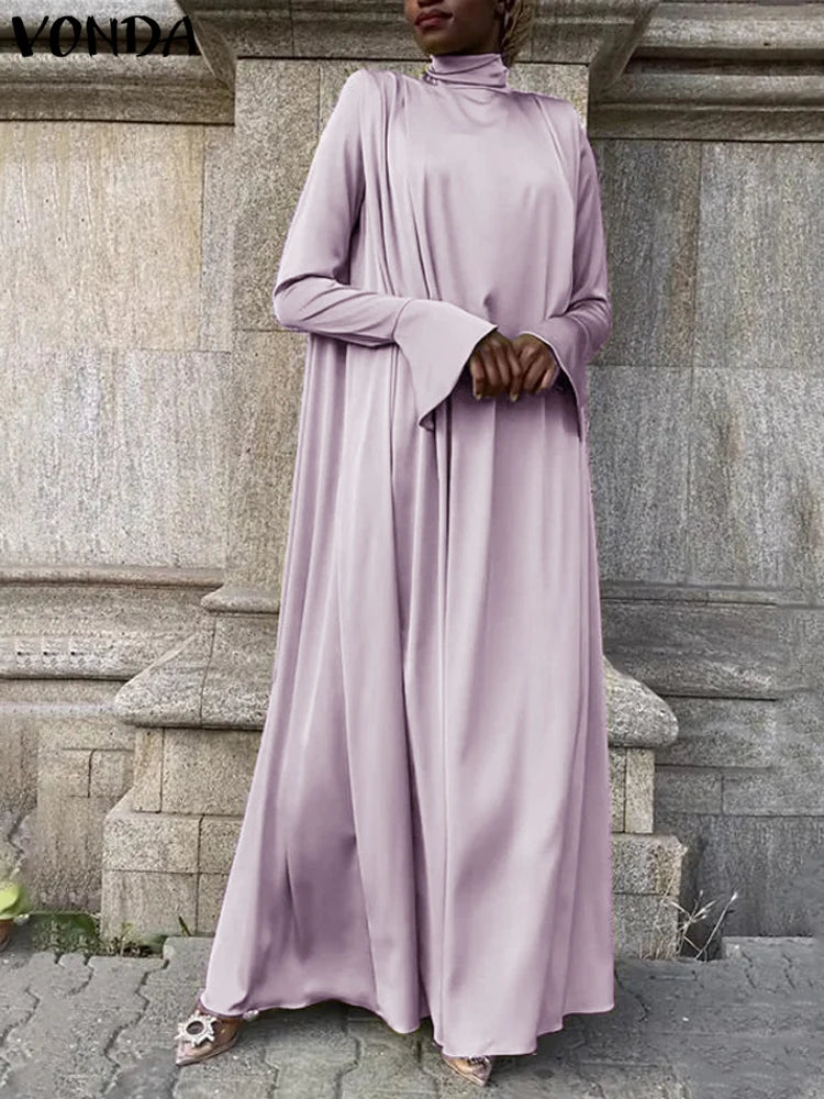 VONDA Frauen Böhmischen Lange Maxi Kleid 2024, Elegante Langarm Hohe Kragen Roben Casual Einfarbig Vestidos Vintage Sommerkleid.