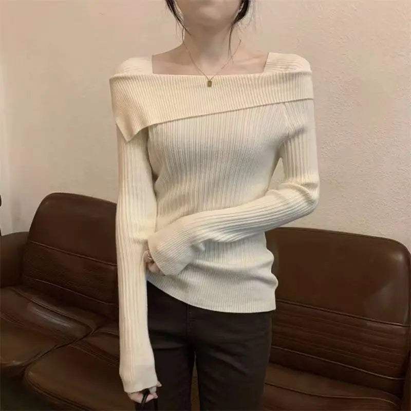 Solide Sexy Schlank Off Schulter Slash Neck Langarm Stricken Pullover Frauen Jumper Büro Mode Neue.
