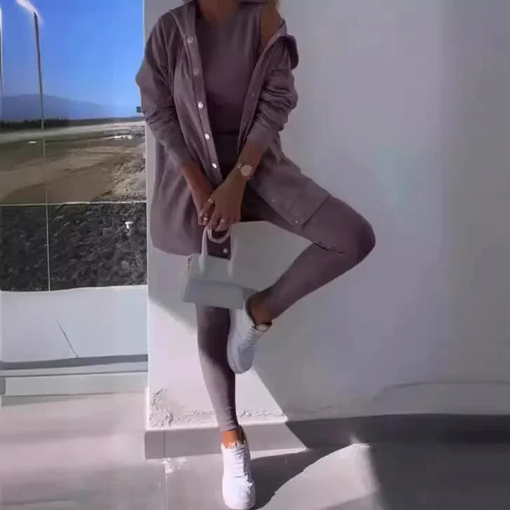 Women 3pcs Clothes Set Solid Color Sports Singel Breasted Shirt Jacket & Sleeveless Cami Tank Top & Slim Skinny Pants.